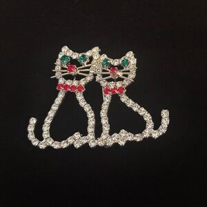Elegant Crystal Cat Brooch with Silver, red & green crystals 1.5 X 2 inches